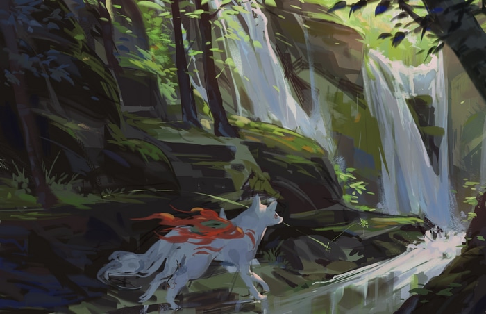 Amaterasu runs by a waterfall in a forest