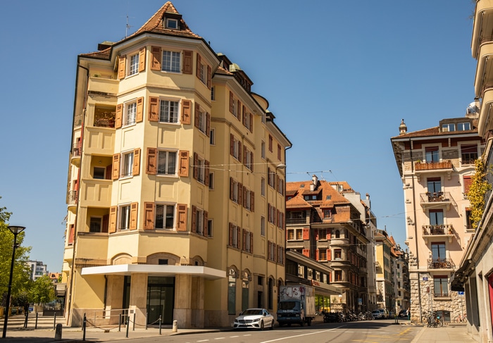 Apartments and buildings on a city street