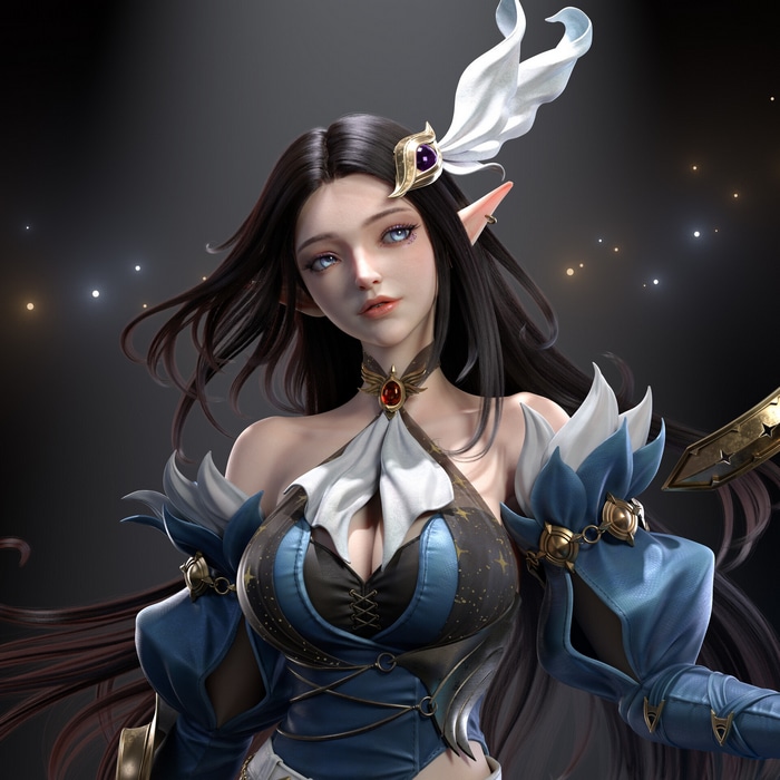 Fantasy elf girl with dark hair and blue outfit