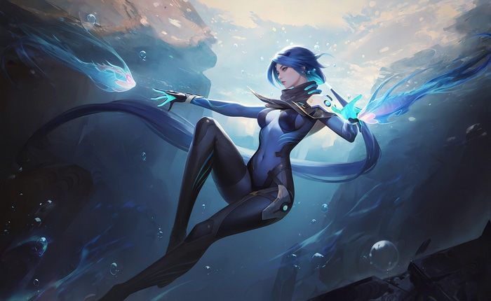 Woman with blue hair underwater with a glowing eel
