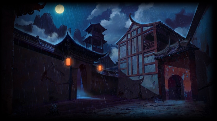 Night rain in a traditional Chinese courtyard with lanterns