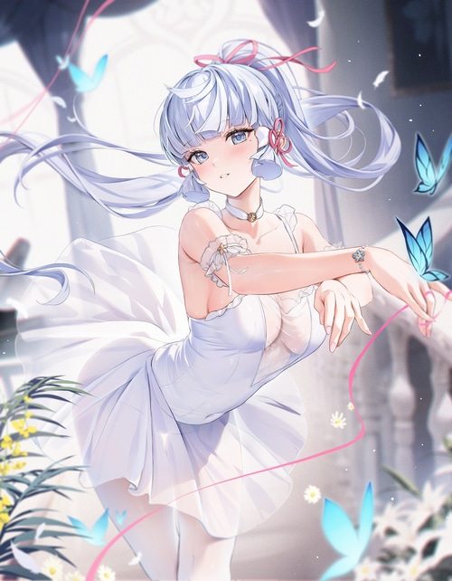 Kamisato Ayaka in a white ballet dress with butterflies
