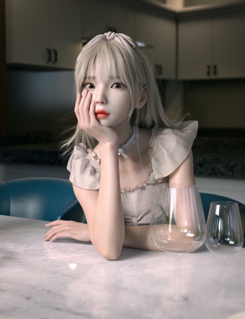 Asian woman with blonde hair wearing a dress