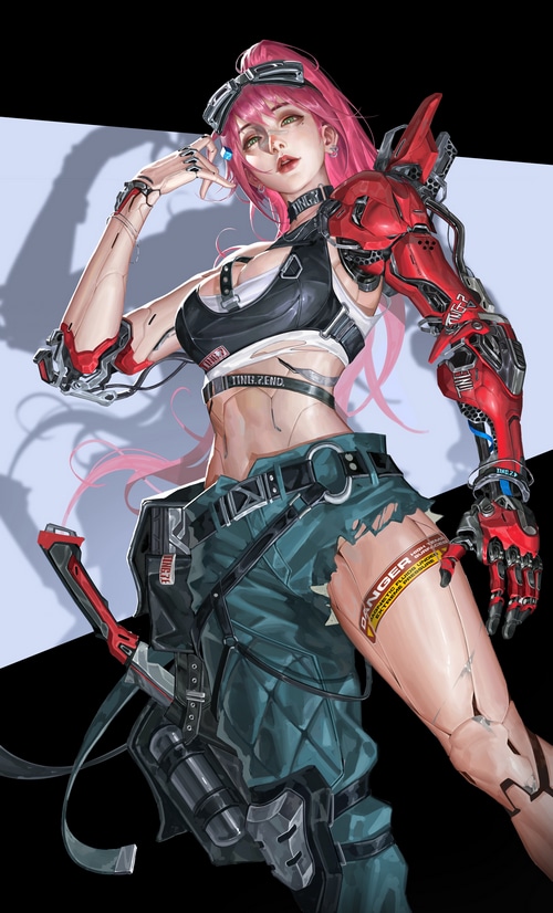 Cyborg woman with pink hair and prosthetic arm