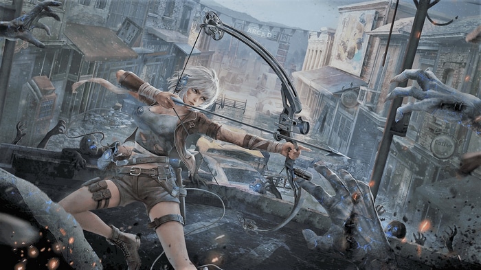 Dong Fang Project: Woman with bow and arrow fighting creatures