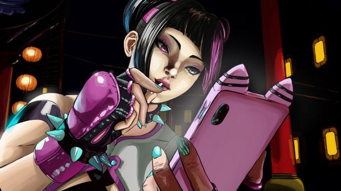 Juri Han from Street Fighter holding a pink phone