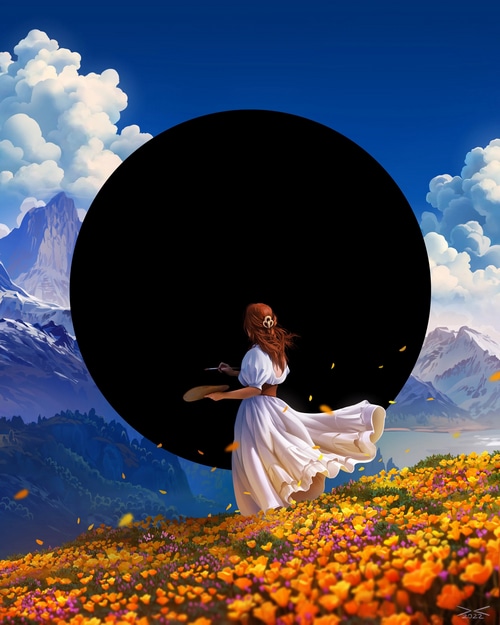 Woman painting in a field of flowers with mountains and clouds