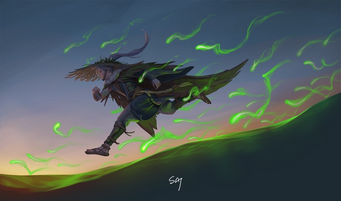 Fantasy character running with green energy