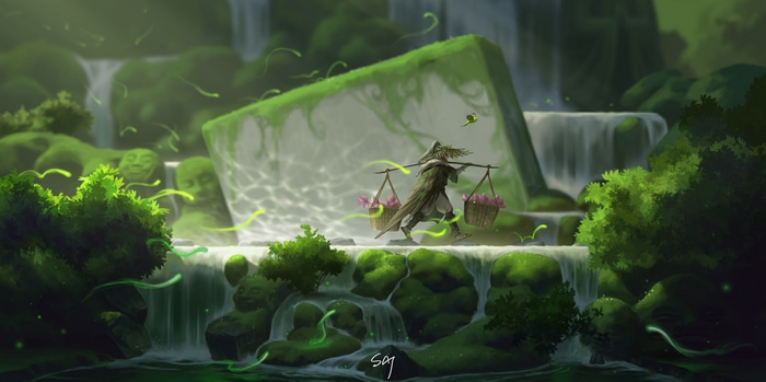 Person carrying baskets through a fantasy waterfall environment