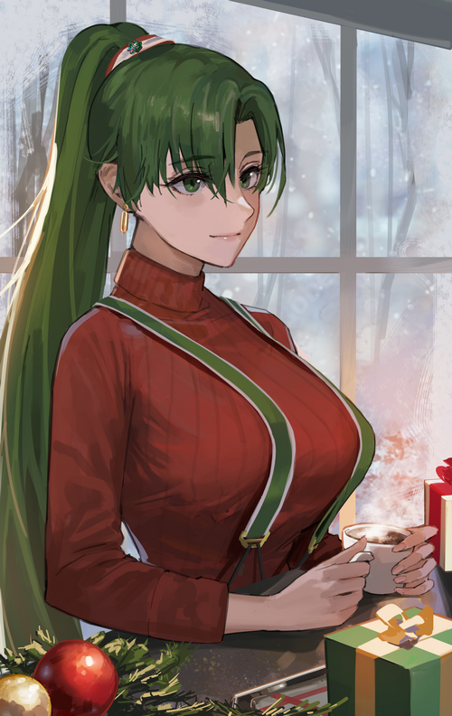 Lyn from Fire Emblem in a Christmas sweater
