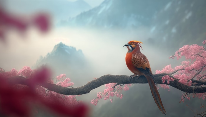 4K bird on a branch with pink flowers