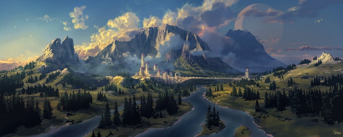 Fantasy landscape with mountains, river, and castle