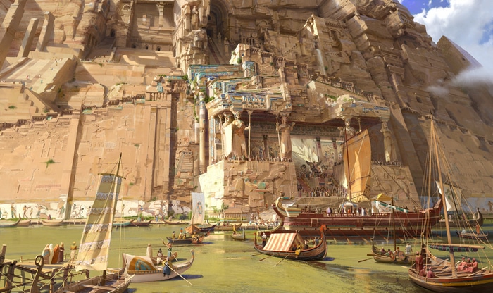 Ancient Egyptian architecture with boats on a river