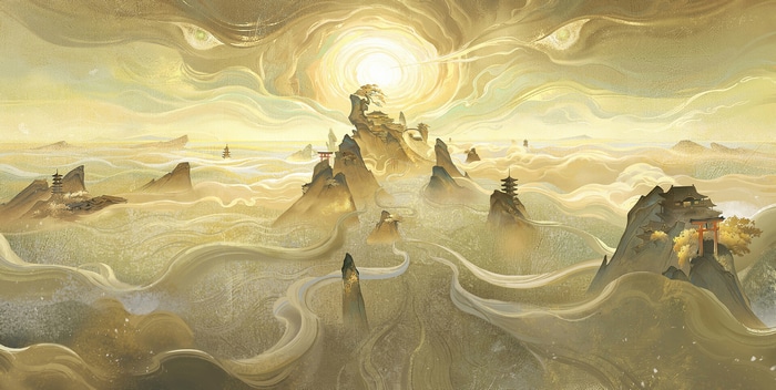 Oriental landscape with mountains and clouds