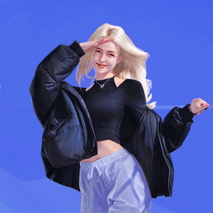 Woman with blonde hair in a black jacket and white pants
