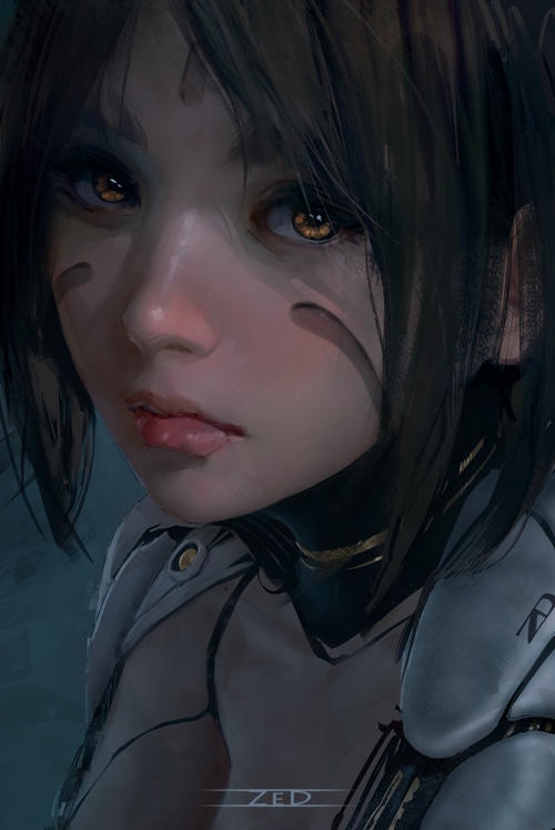 Alita with dark hair and cybernetic enhancements
