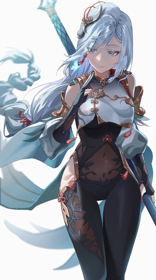 Shenhe from Genshin Impact with a polearm