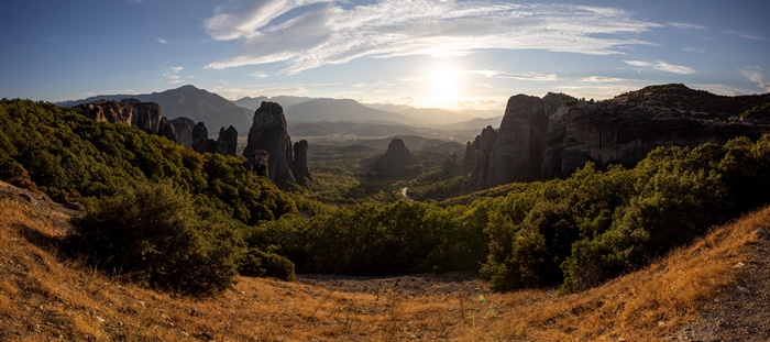 4K sunset over Meteora cliffs in Greece