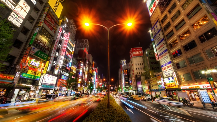 4K Tokyo street at night with car light trails