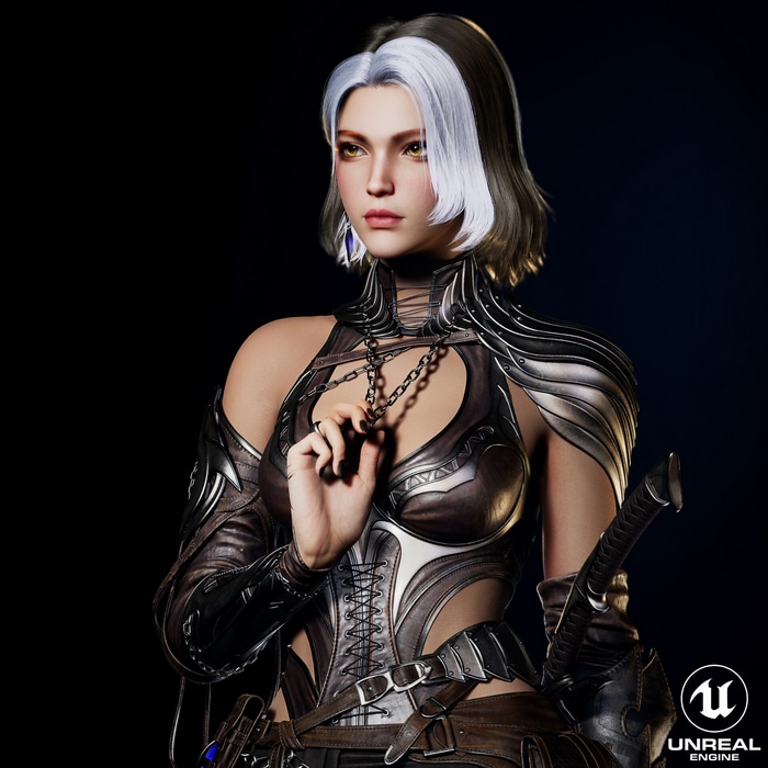Woman with white and black hair in armor