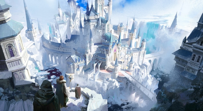 Fantasy castle in a snowy, mountainous landscape