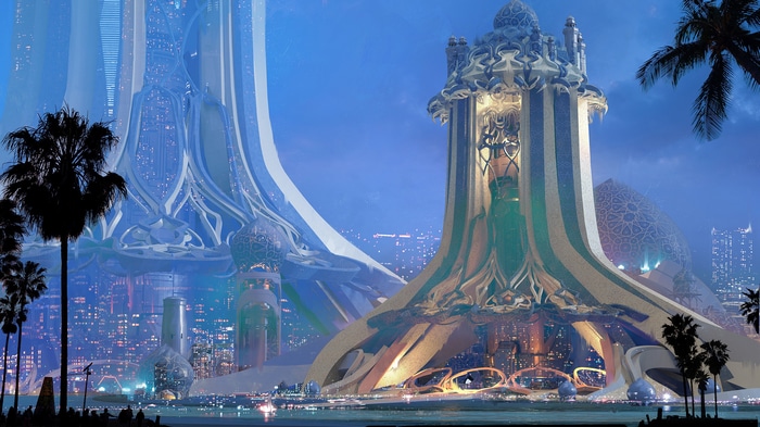 Futuristic city skyline with ornate buildings and palm trees