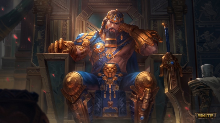 Gilgamesh sits on a throne with a sword