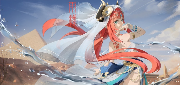Nilou from Genshin Impact with pyramids and water