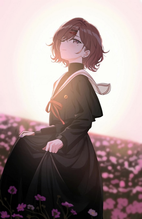Anime girl in a black dress in a field of flowers