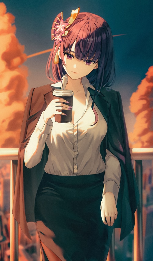 Raiden Shogun holding a coffee cup at sunset