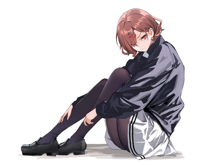 Anime girl in school uniform sitting on white background
