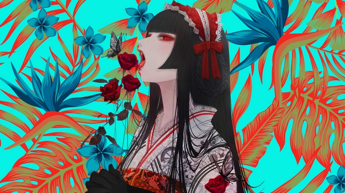Anime girl in kimono with red roses and butterflies