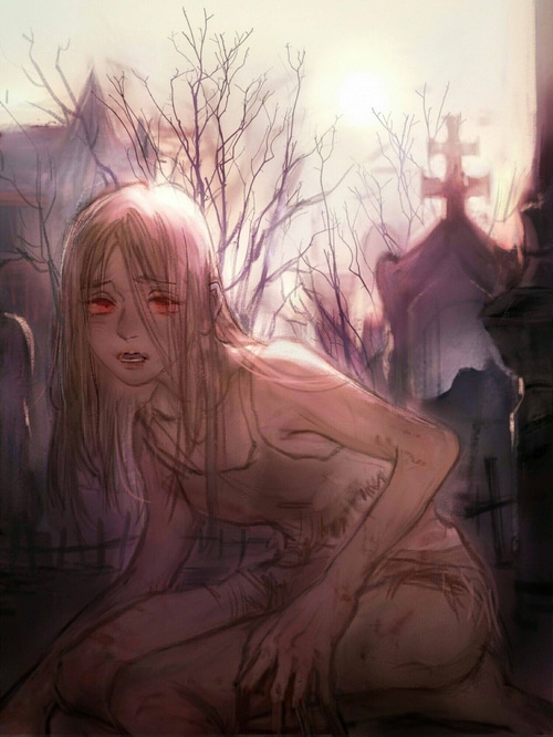 A zombie girl in a graveyard