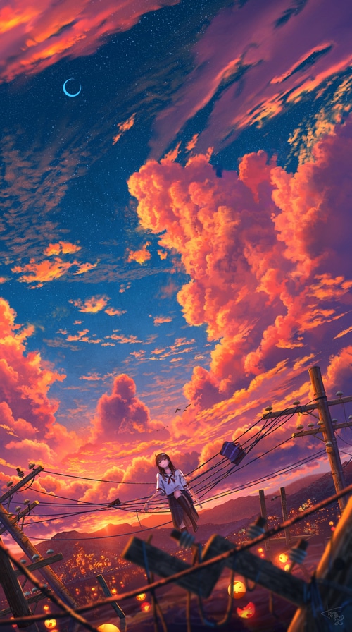 Schoolgirl on wires under a sunset sky