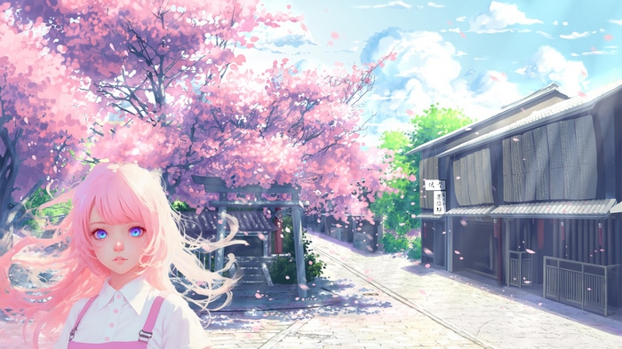 Girl with pink hair under cherry blossoms in Japan