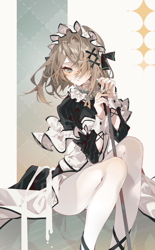 Maid with green eyes and hair over one eye