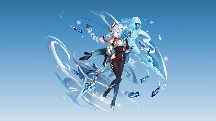 Shenhe from Genshin Impact with lance and snowflakes