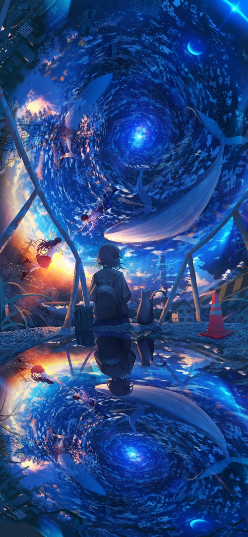 Girl and Cats in a Cosmic Vortex with Whales