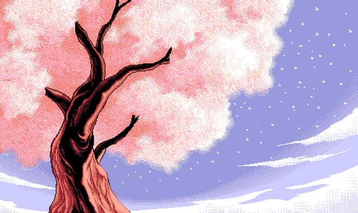 Pixel art cherry blossom tree with pink petals and blue sky