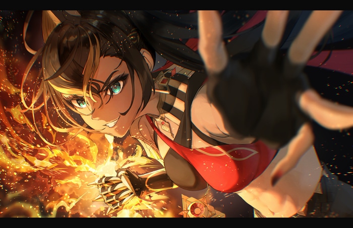 4K Dehya from Genshin Impact surrounded by fire
