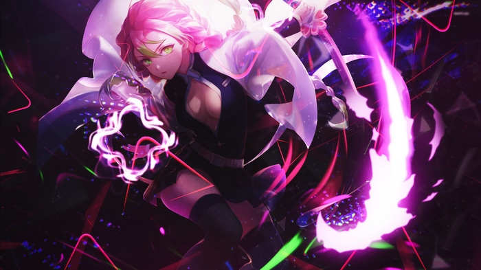 Mitsuri Kanroji with a sword and pink cape