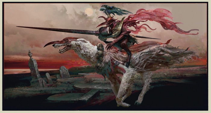 Warrior riding a creature with a lance in a cemetery