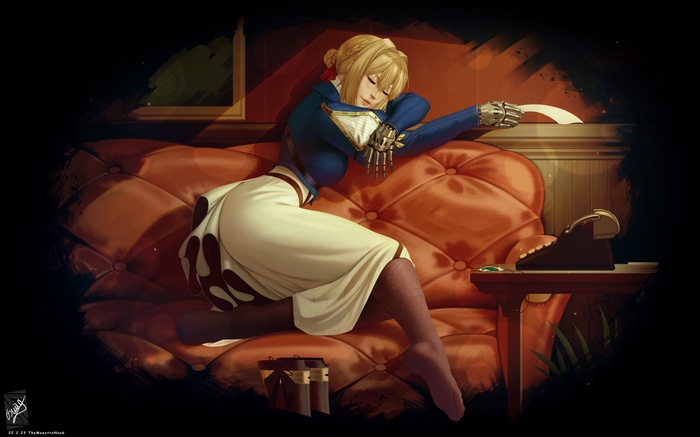 Violet Evergarden Resting on a Couch with a Typewriter