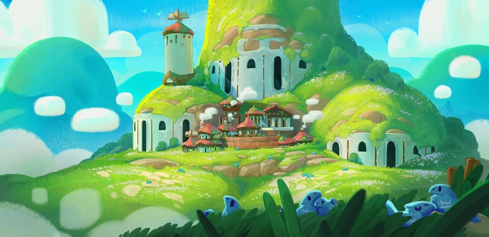 Fantasy village on a grassy mountain with birds and clouds