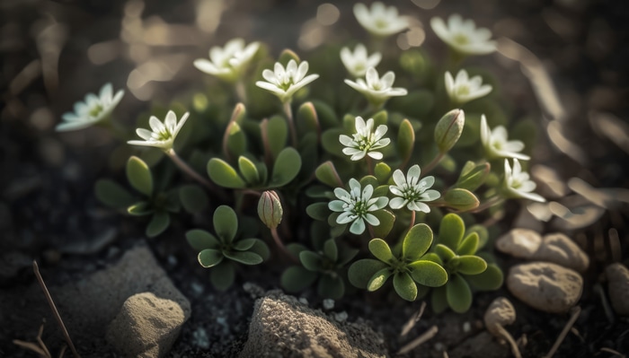 4K close-up of chickweed flowers in nature