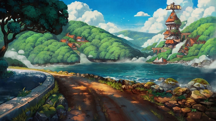 4K landscape with mountains, water, and architecture