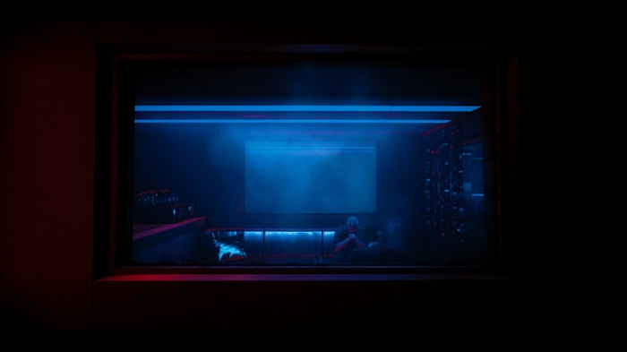 Cyberpunk 2077 neon interior with people