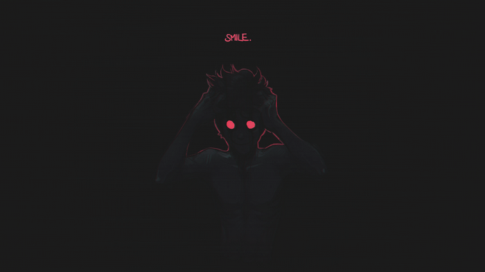 Minimalist demon with glowing red eyes and text