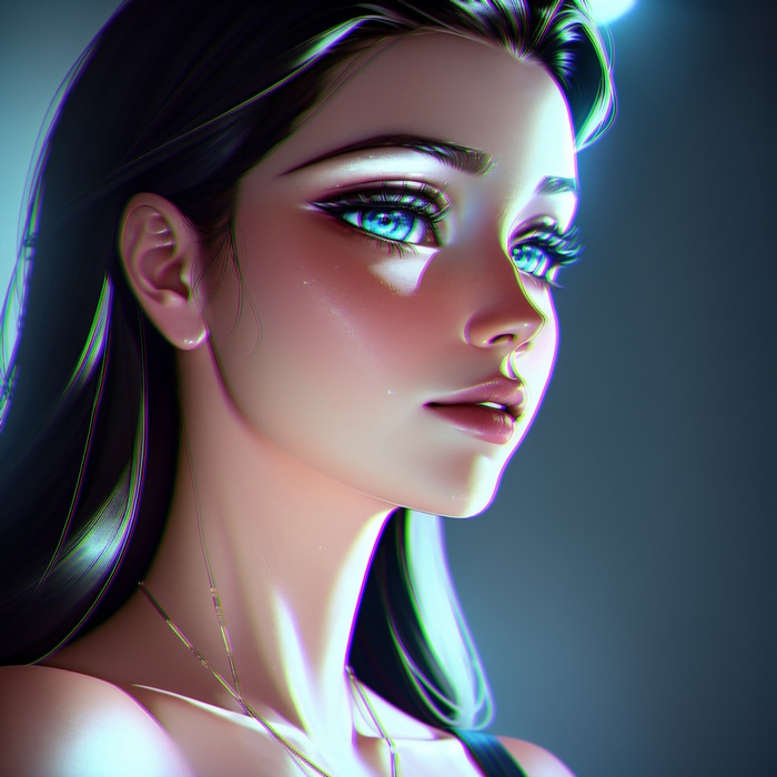 Illustration of a woman with dark hair and blue eyes