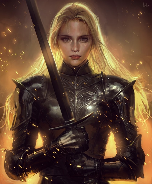 Fantasy art of a blonde woman in armor holding a sword